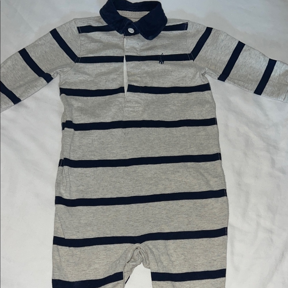 Gray and Navy Striped Baby Polo Romper Ralph Lauren